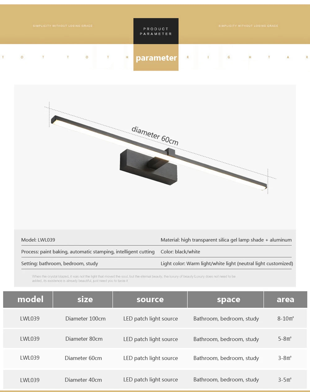 Vabena nowoczesna lampa ścienna led do łazienki, trzy kolory, aluminiowa