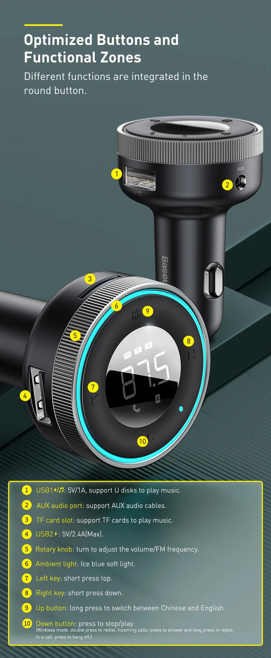Baseus transmiter fm bluetooth 5.0 i ładowarka samochodowa | bezprzewodowe audio zestaw głośnomówiący