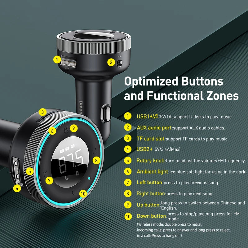 Baseus transmiter fm bluetooth 5.0 i ładowarka samochodowa | bezprzewodowe audio zestaw głośnomówiący