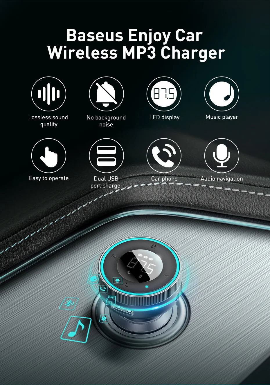 Baseus transmiter fm bluetooth 5.0 i ładowarka samochodowa | bezprzewodowe audio zestaw głośnomówiący