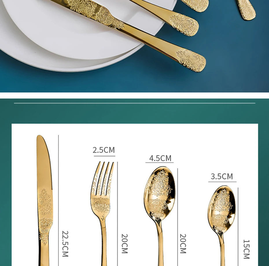 Luxury Gold Silverware Set | Vintage Carved Stainless Steel Cutlery 16/24Pcs