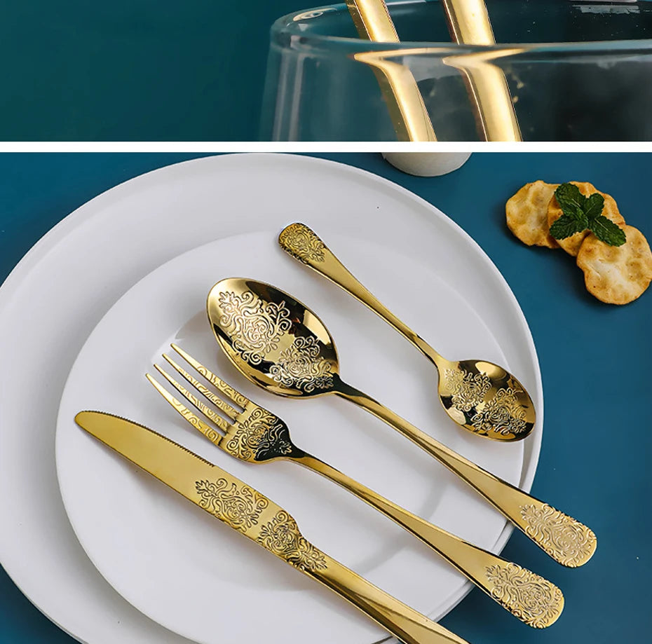Luxury Vintage Gold Silverware Set | 16/24 Piece Dining Collection
