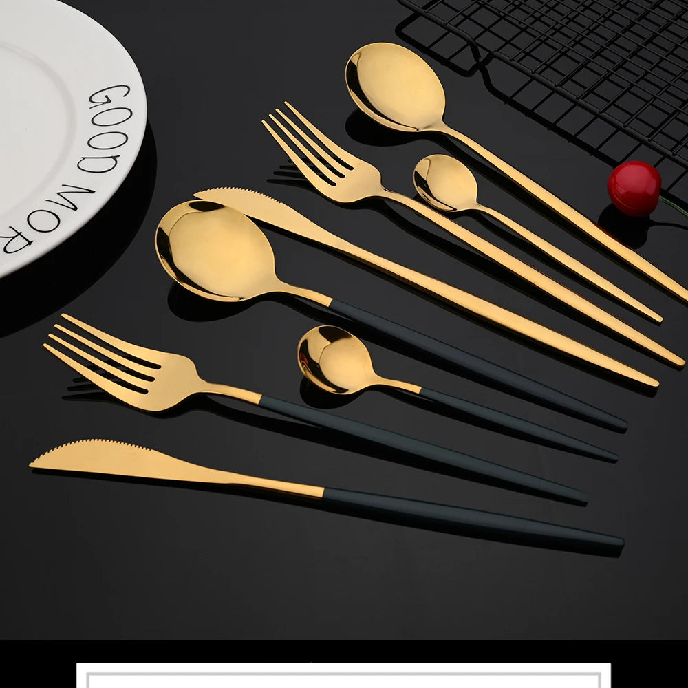 30-Piece Black Gold Stainless Steel Dinnerware Set | Kitchen Cutlery