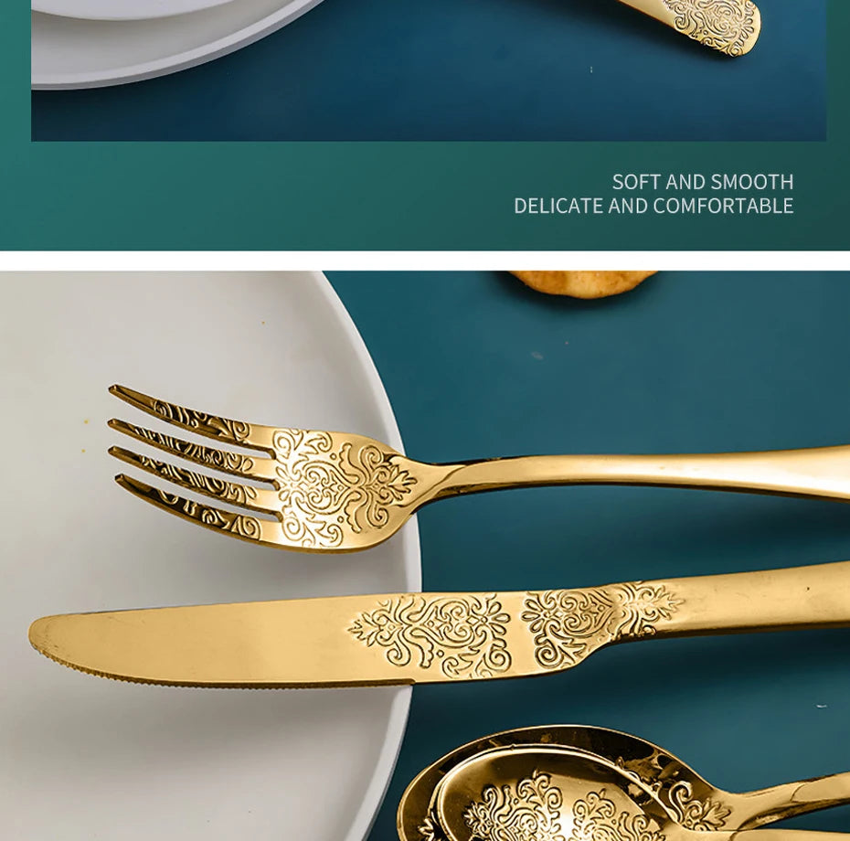 Luxury Gold Silverware Set | Vintage Carved Stainless Steel Cutlery 16/24Pcs