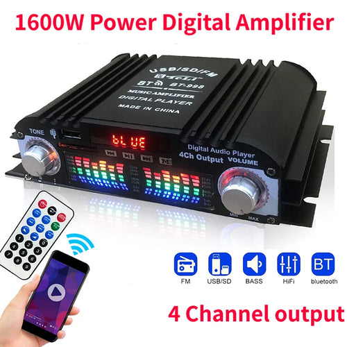Wzmacniacz dźwięku hi-fi 1600w peak, 4-kanałowy cyfrowy, z bluetooth, karaoke i radiem fm, obsługa pilotem