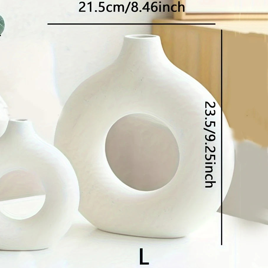 Modern Boho Ceramic Donut Vase - White & Beige Decor