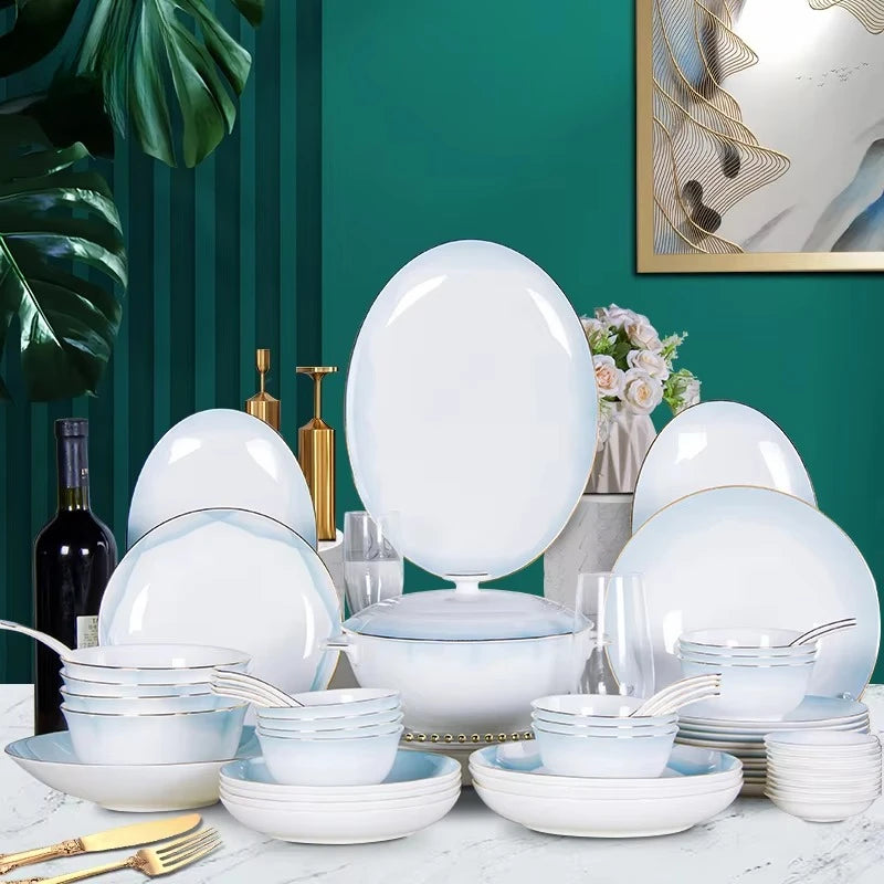 Vabena 80pcs Nordic Gold Rim Luxury Bone China Dinnerware Set