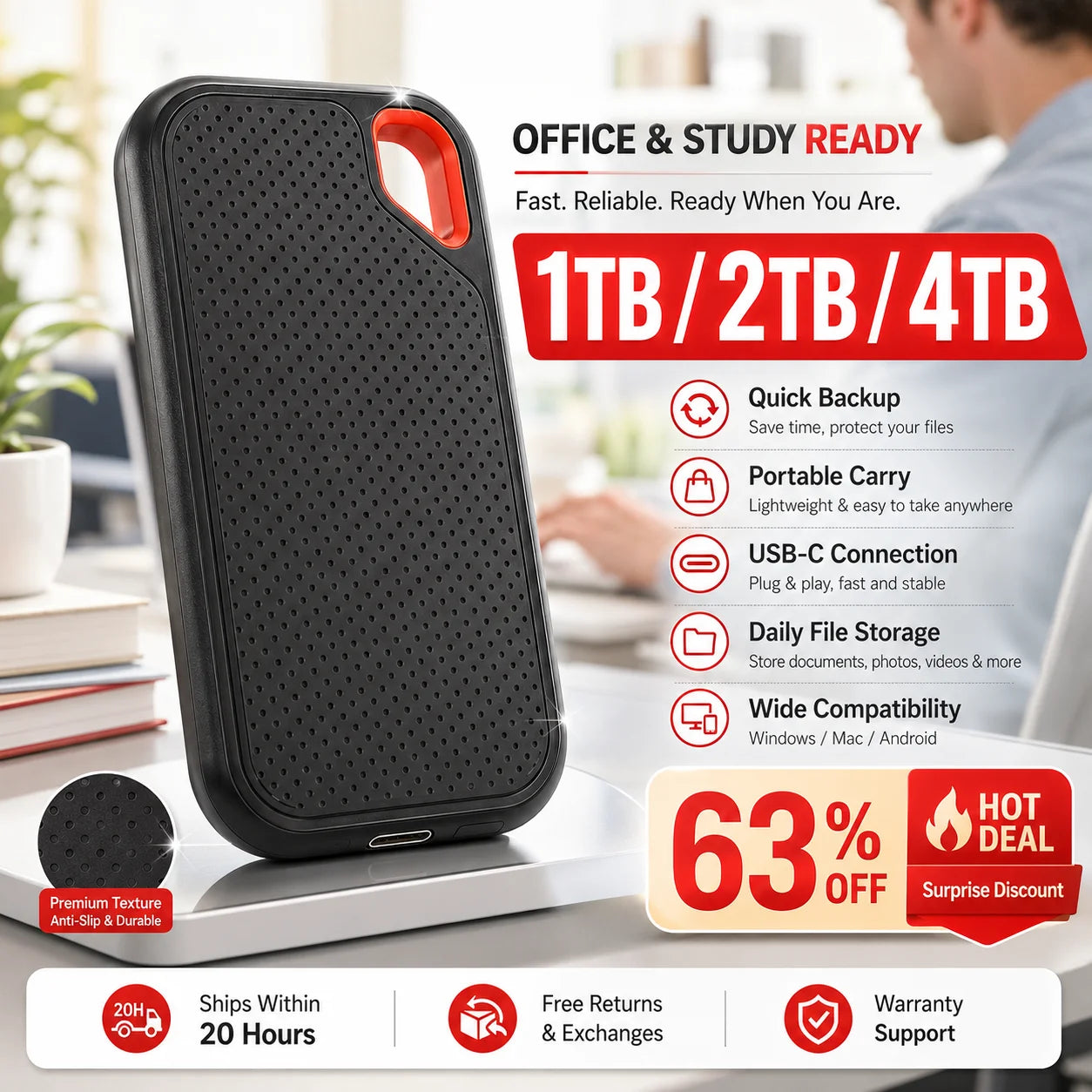 Vabena przenośny dysk ssd 1tb / zewnętrzny dysk twardy 2tb usb-c do laptopa/mac
