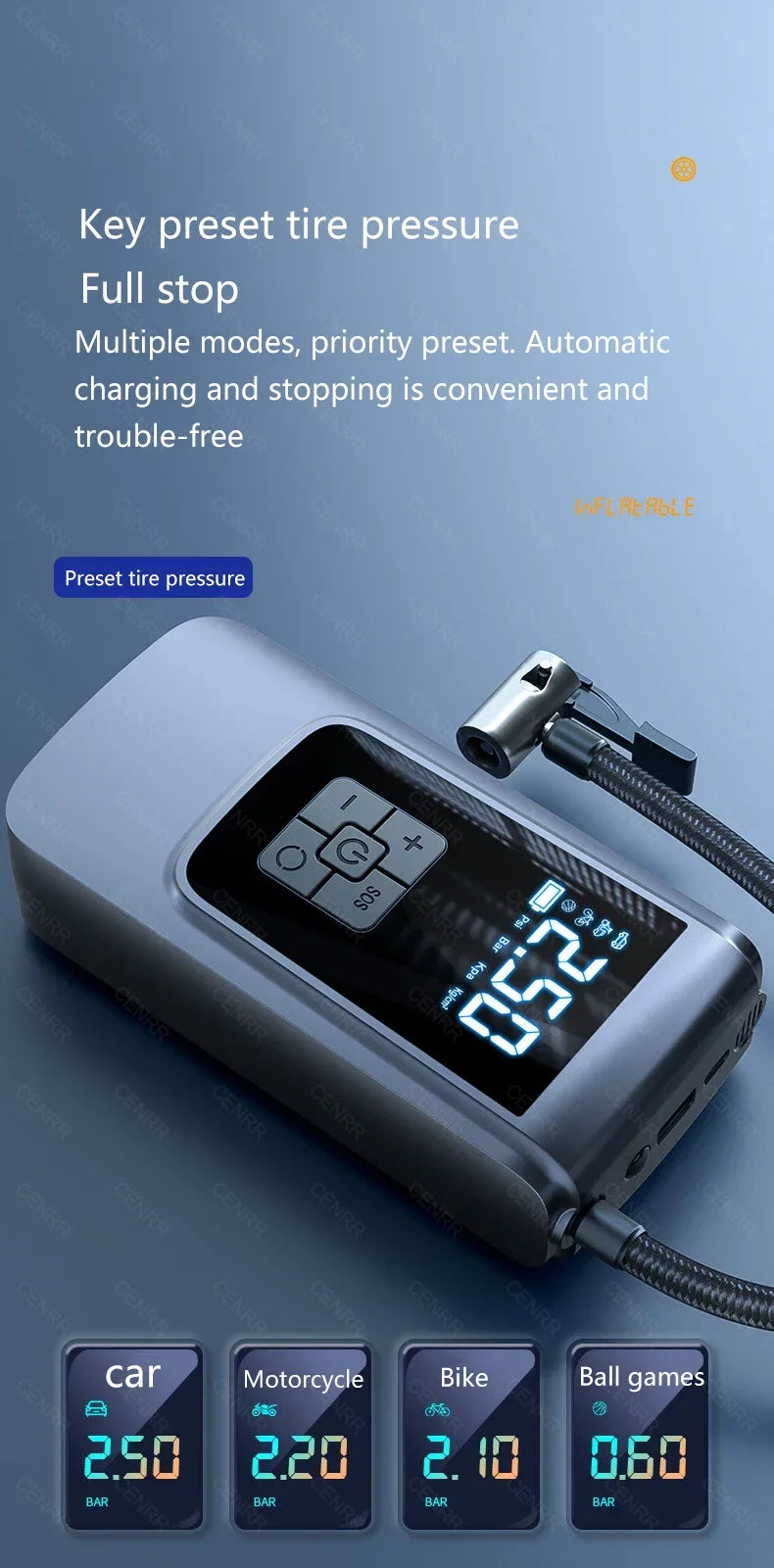 Bezprzewodowa pompka samochodowa i inflator do opon z wyświetlaczem lcd