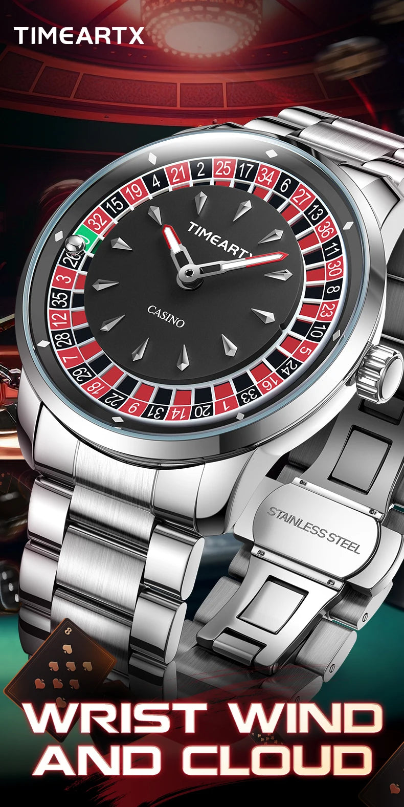 Zegarek kwarcowy timeartx luksusowy z motywem ruletki i pokera dla mężczyzn