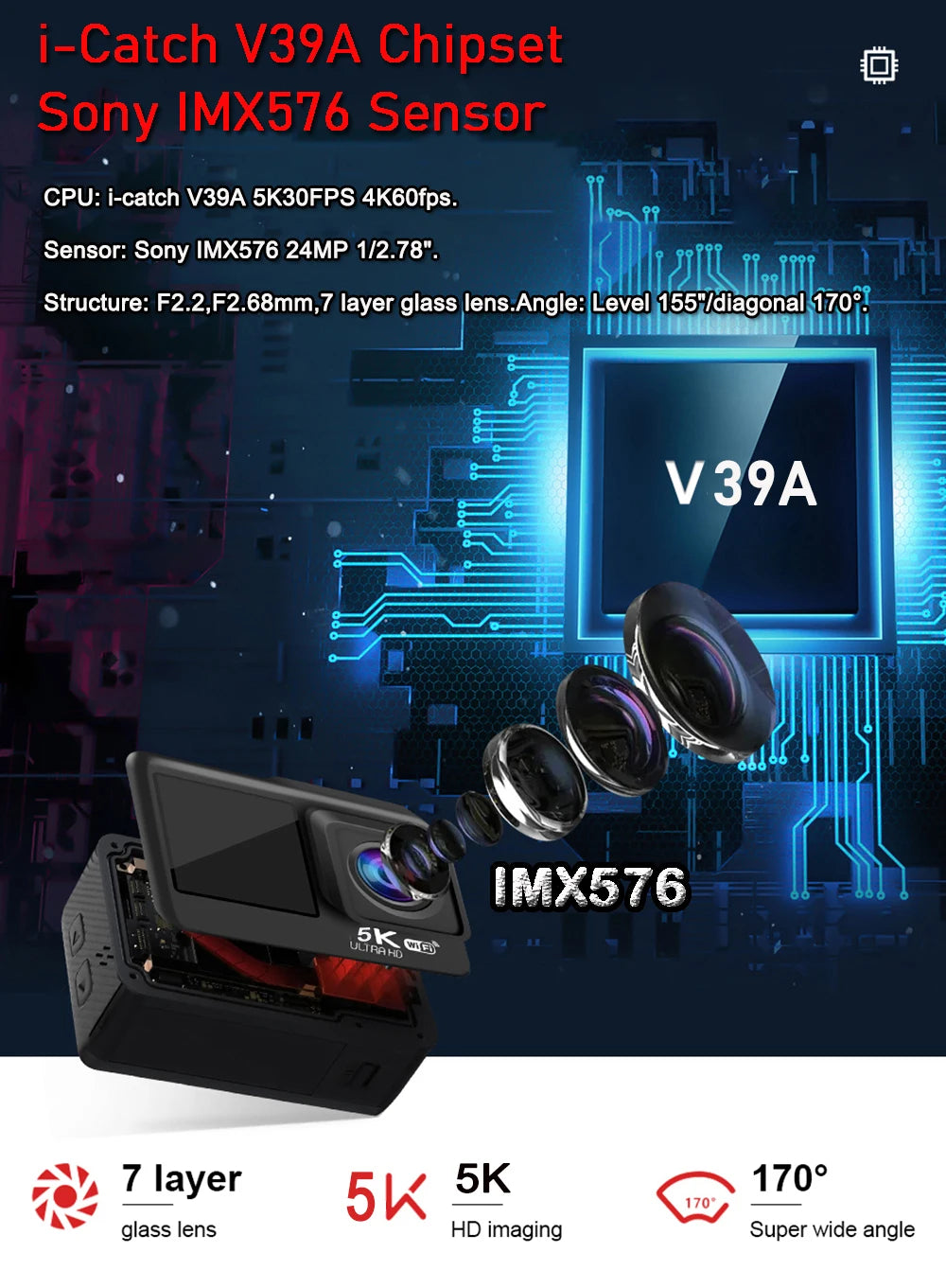 Kamera sportowa sony imx576 5k 4k60fps wodoodporna 48mp z wi-fi
