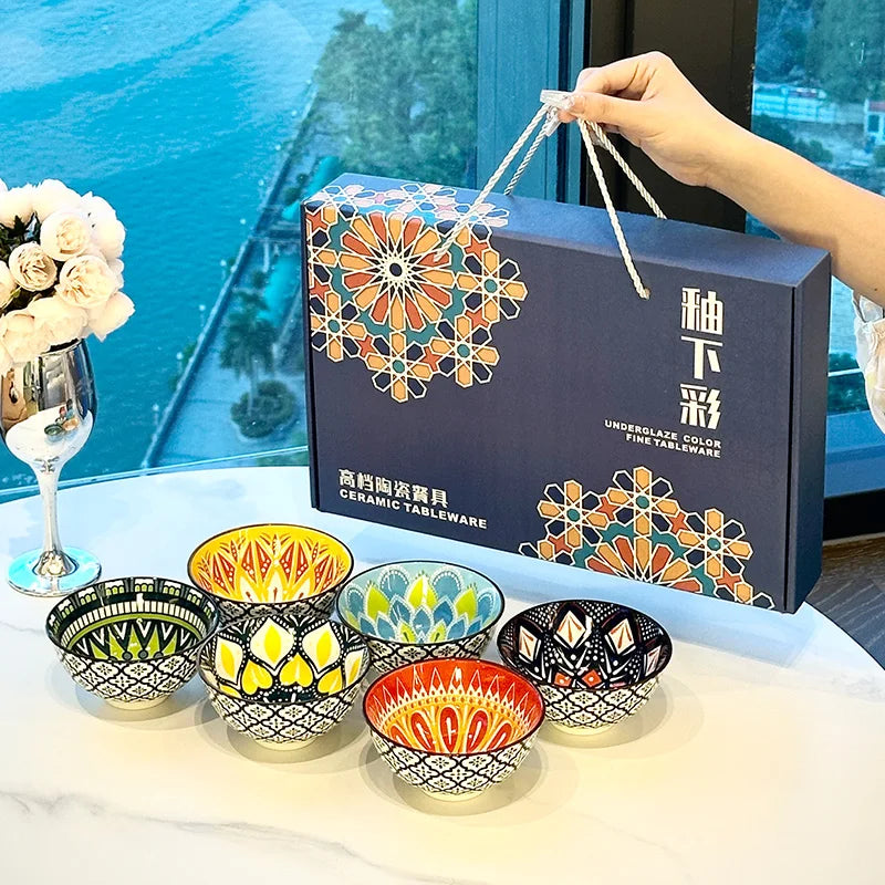 Vabena 6-Piece Handmade Bohemian Ceramic Bowls Set | Artisanal Kitchenware