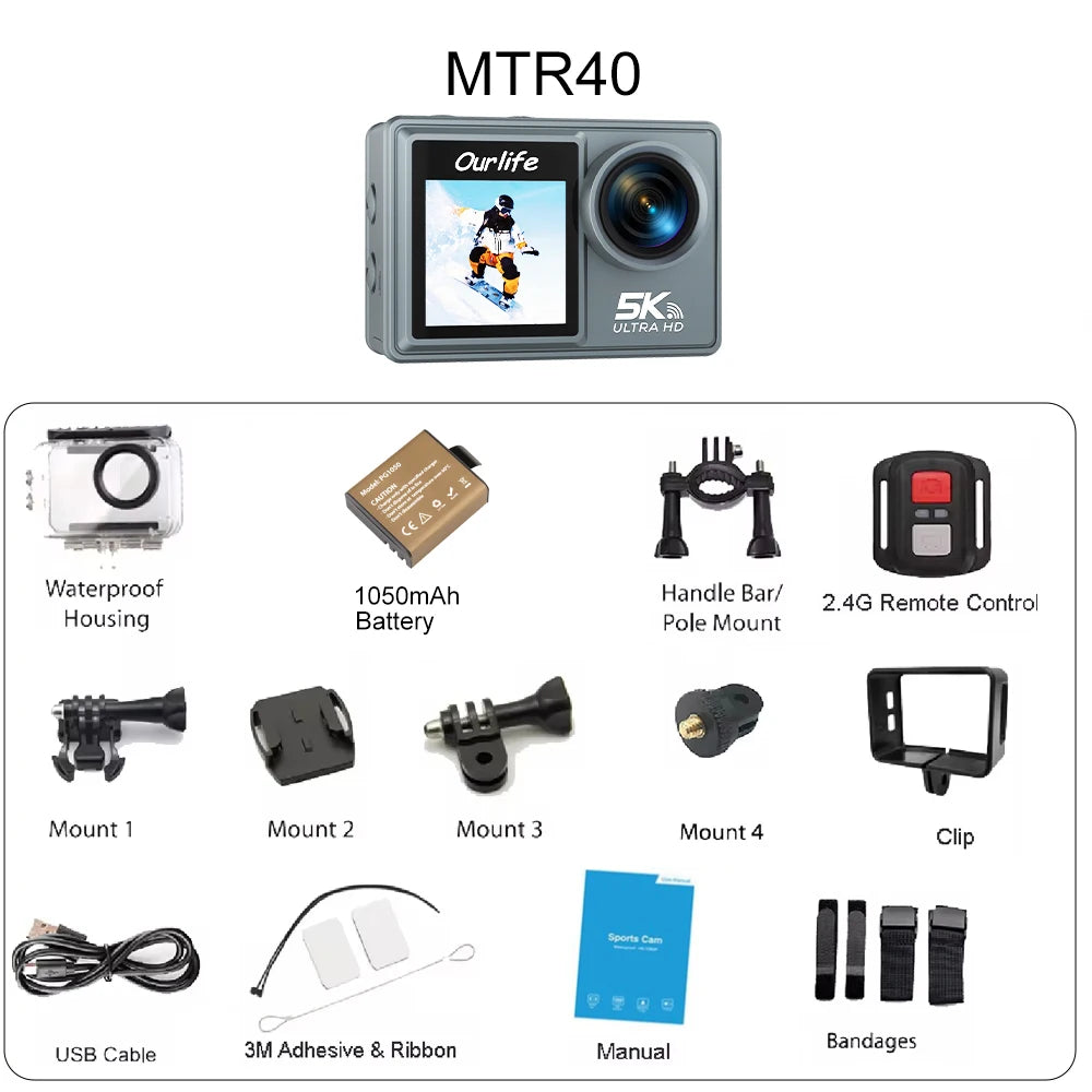 Ourlife mtr40 kamera akcji 5k z ekranem dotykowym 2 cale