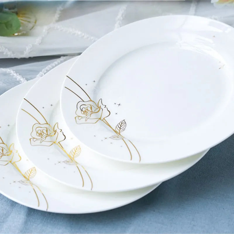 Vabena Gold Rose Bone China Dinner Plates Set - 8-Inch Elegant Tableware