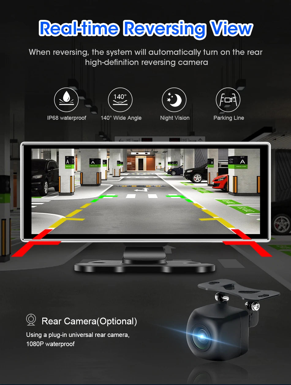 Kamera samochodowa 4k 10/11.26" z bezprzewodowym carplay i android auto | gps | podwójny obiektyw