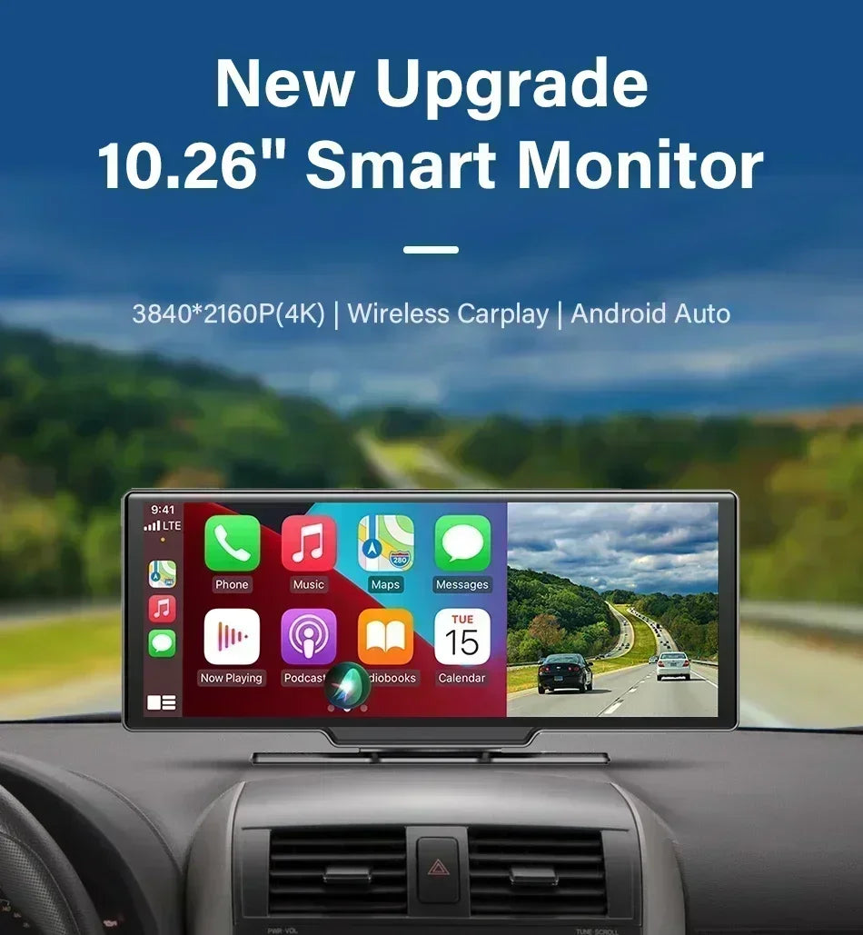 Kamera samochodowa srnubi 10.26" 4k z apple carplay, android auto i gps