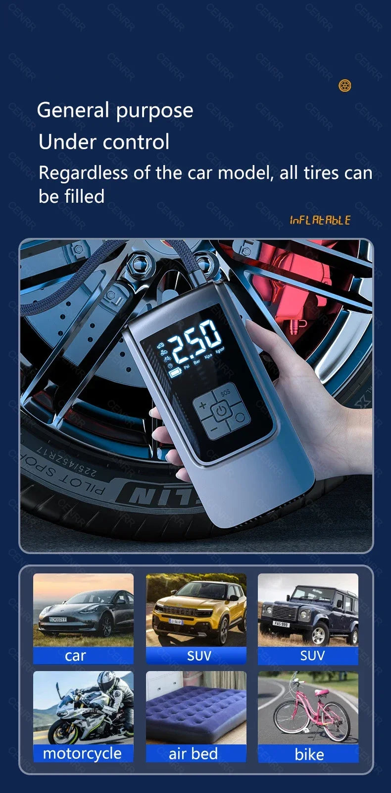 Bezprzewodowa pompka samochodowa i inflator do opon z wyświetlaczem lcd