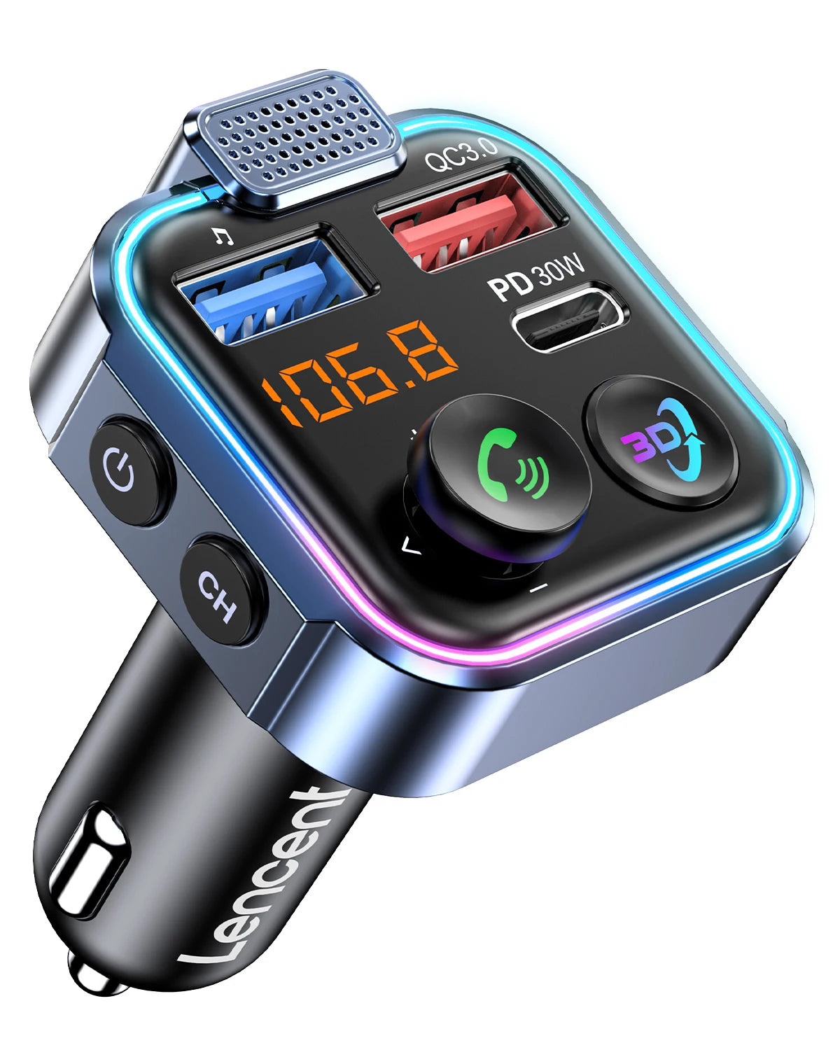 Nadajnik fm bluetooth 5.3 lencent | ładowarka samochodowa pd 30w qc3.0 z funkcją głośnomówiącą