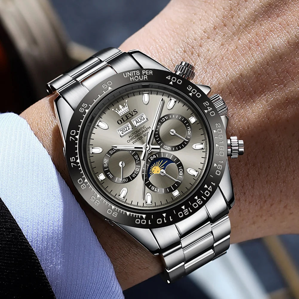 Olevs 6654 luksusowy automatyczny mechaniczny zegarek męski chronograf wodoodporny luminous