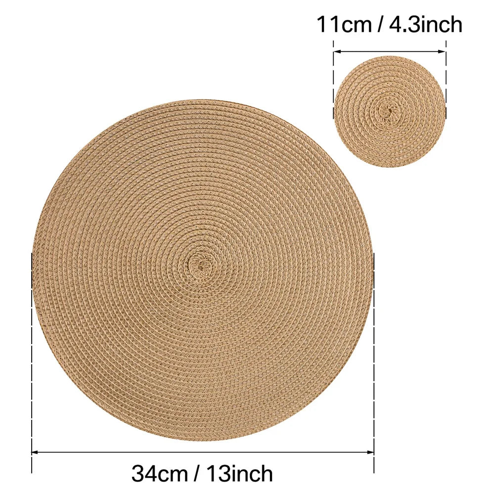 Set of 12 Round Braided Placemats & Coasters | Washable, Heat Resistant & Non-Slip