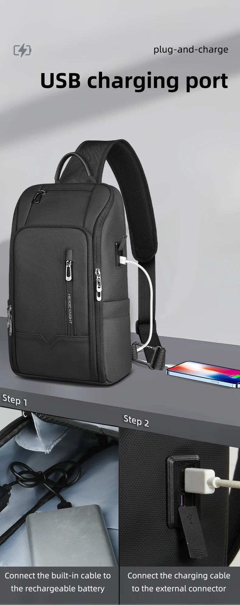 Torba męska na ramię antykradzieżowa hk | wodoodporny sling na klatkę piersiową z usb