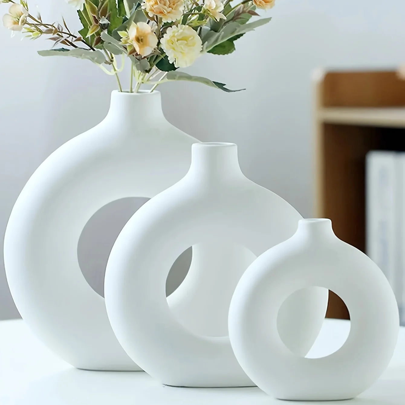 Elegant White/Beige Ceramic Donut Vase | Modern Home Decor
