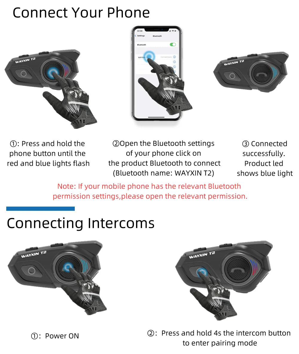 Wayxin t2 motocyklowy interkom bluetooth - 2 jeźdźców, 300m, bt 5.1, wodoodporny zestaw słuchawkowy