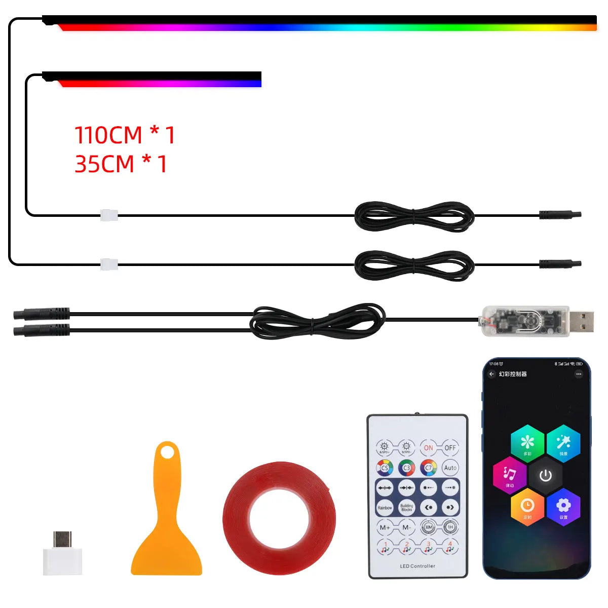 Paski led rgb akrylowe 10-w-1 do samochodu - sterowanie aplikacją i pilotem