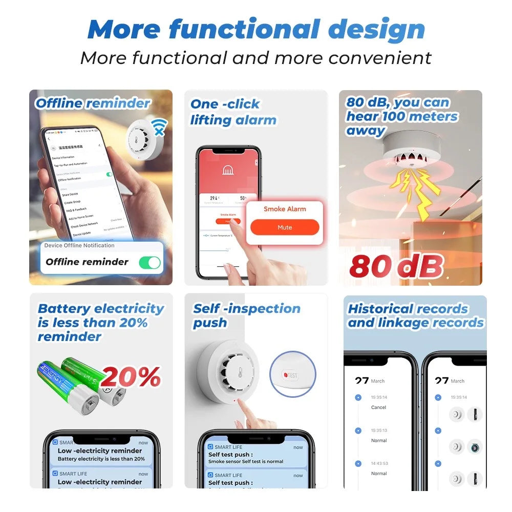 Detektor dymu tuya smart wifi i bluetooth z temperaturą i wilgotnością