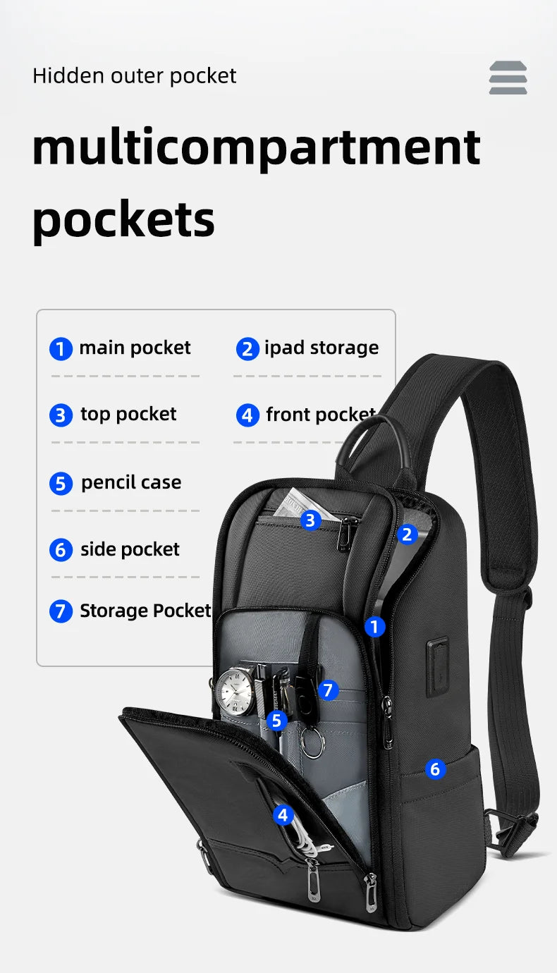 Torba męska na ramię antykradzieżowa hk | wodoodporny sling na klatkę piersiową z usb