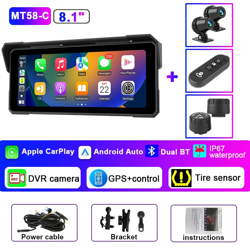 Monitor motocyklowy jansite 8.1" 4k z rejestratorem dvr, carplay i gps
