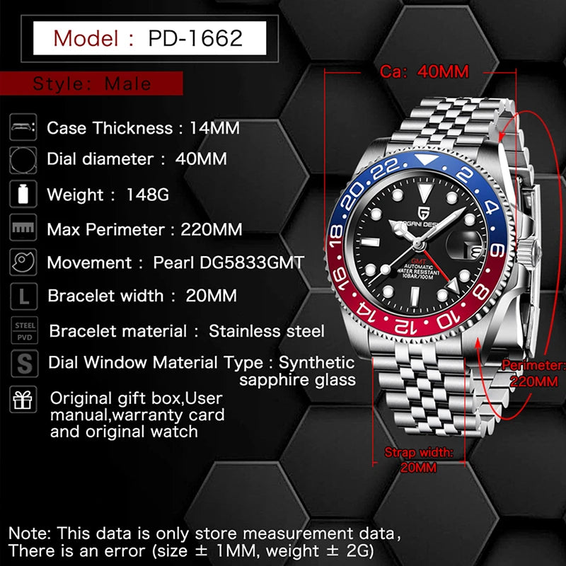 Zegarek mechaniczny męski pagani design pd-1662 luksusowy gmt - szafir, stal, wodoodporny 100m