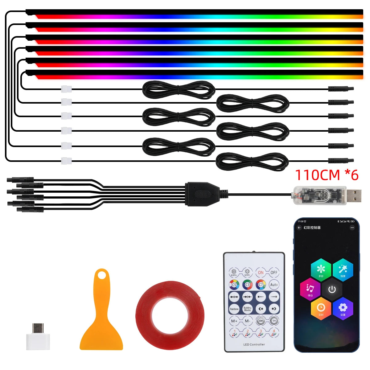 Paski led rgb akrylowe 10-w-1 do samochodu - sterowanie aplikacją i pilotem