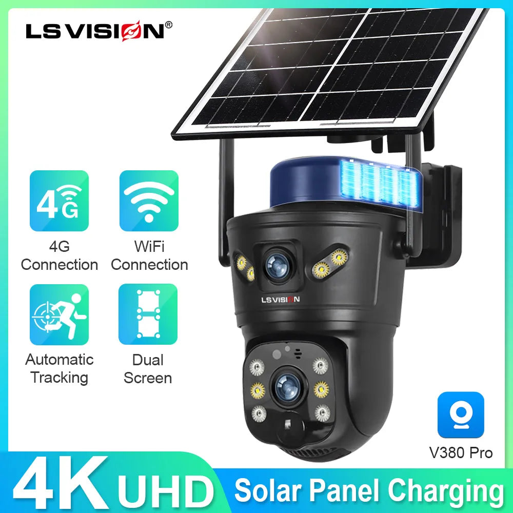 Kamera solarna zewnętrzna ls vision 4g/wifi 8mp z podwójnym obiektywem, pir, kartą sim, widzeniem nocnym i wodoodpornością