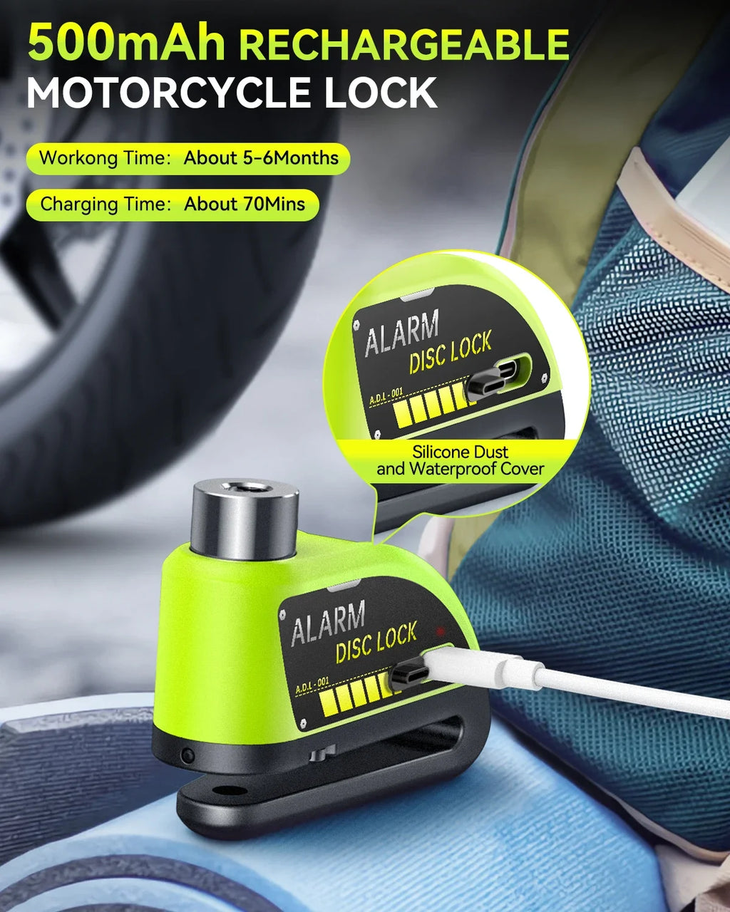 Zabezpieczenie motocykla extractme 110db z alarmem - wodoodporna blokada tarczy hamulcowej