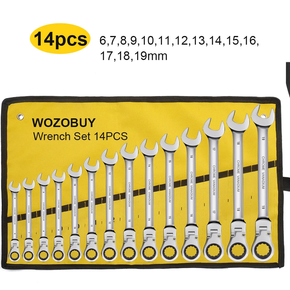 Zestaw kluczy płasko-oczkowych z grzechotką i ruchomą głowicą, metryczny 6-23mm