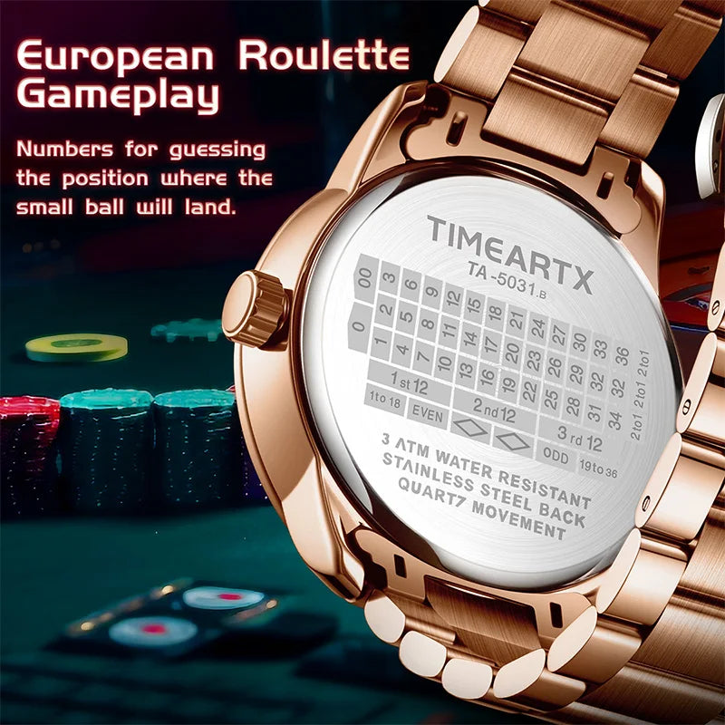Zegarek kwarcowy timeartx luksusowy z motywem ruletki i pokera dla mężczyzn