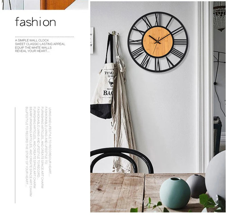 Nordic Retro 3D Large Wall Clock - Silent Roman Numerals Wood Metal Iron Decor