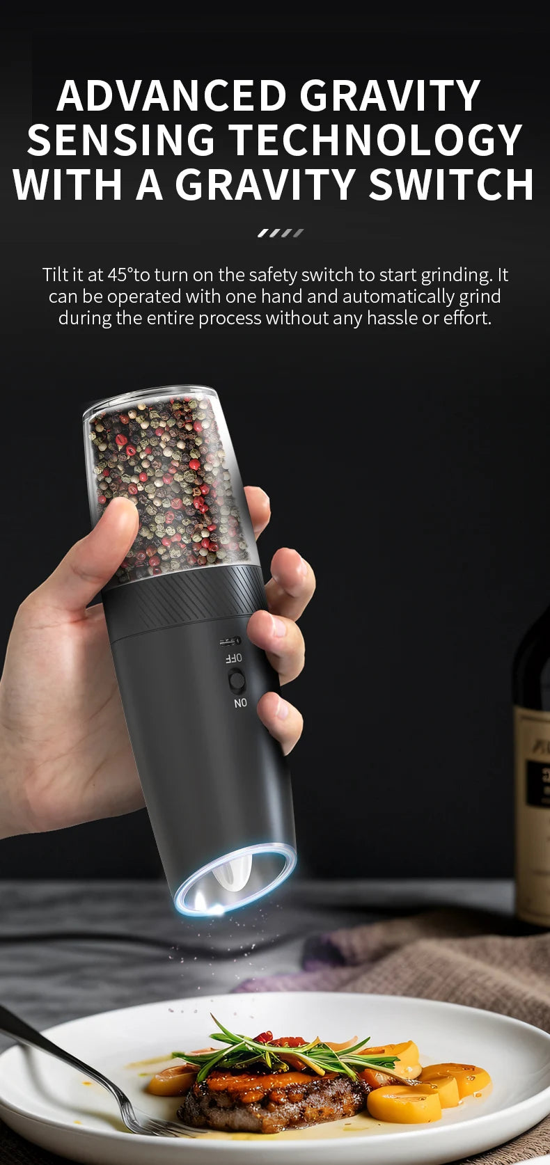 USB Rechargeable Electric Salt & Pepper Grinder - Adjustable Coarseness