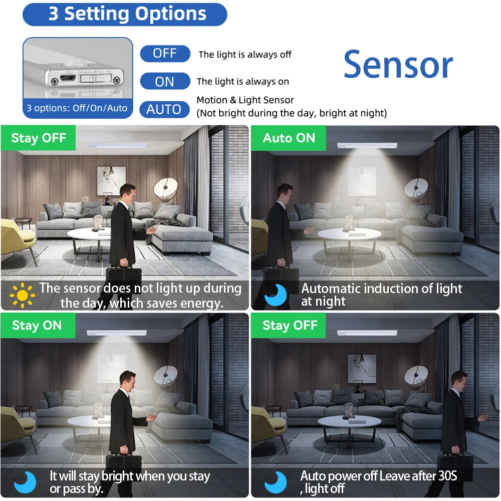 LED Cabinet Sensor Lights - Adjustable Brightness Motion Tube
