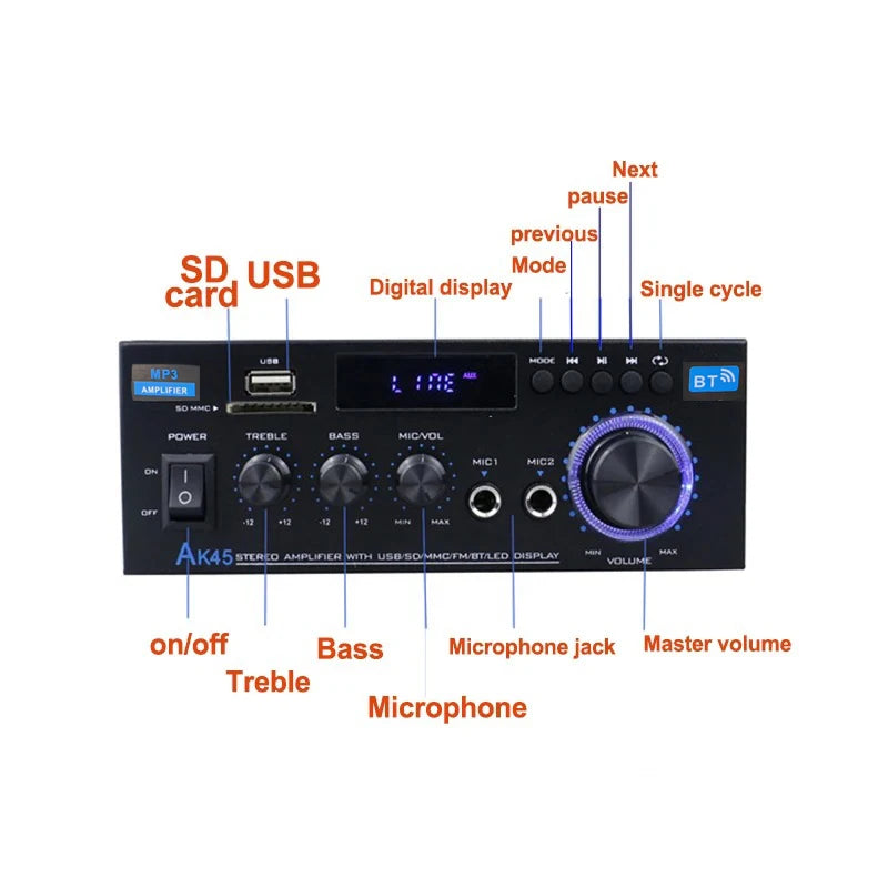 Wzmacniacz audio vabena ak45 hifi digital bluetooth 350w*2 | stereo do domu i samochodu