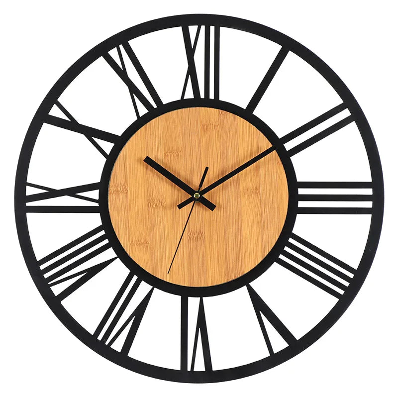 Nordic Retro 3D Large Wall Clock - Silent Roman Numerals Wood Metal Iron Decor