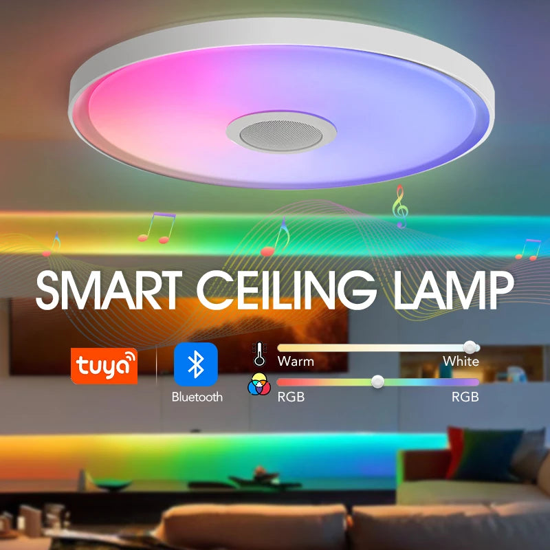 Inteligentna lampa sufitowa led rgb z głośnikiem – ściemnialna, sterowanie aplikacją