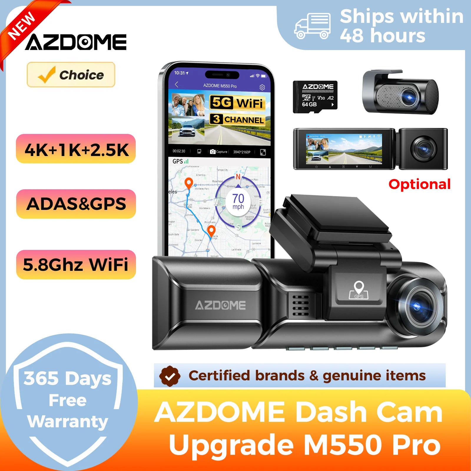 AZDOME M550 Pro 4K Dash Cam with GPS, WiFi & Night Vision