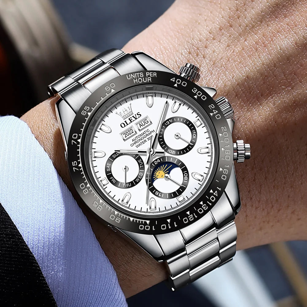 Olevs 6654 luksusowy automatyczny mechaniczny zegarek męski chronograf wodoodporny luminous