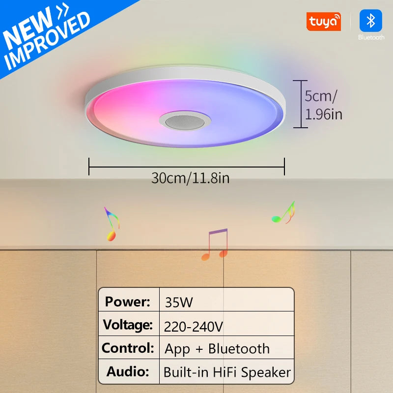 Inteligentna lampa sufitowa led rgb z głośnikiem – ściemnialna, sterowanie aplikacją