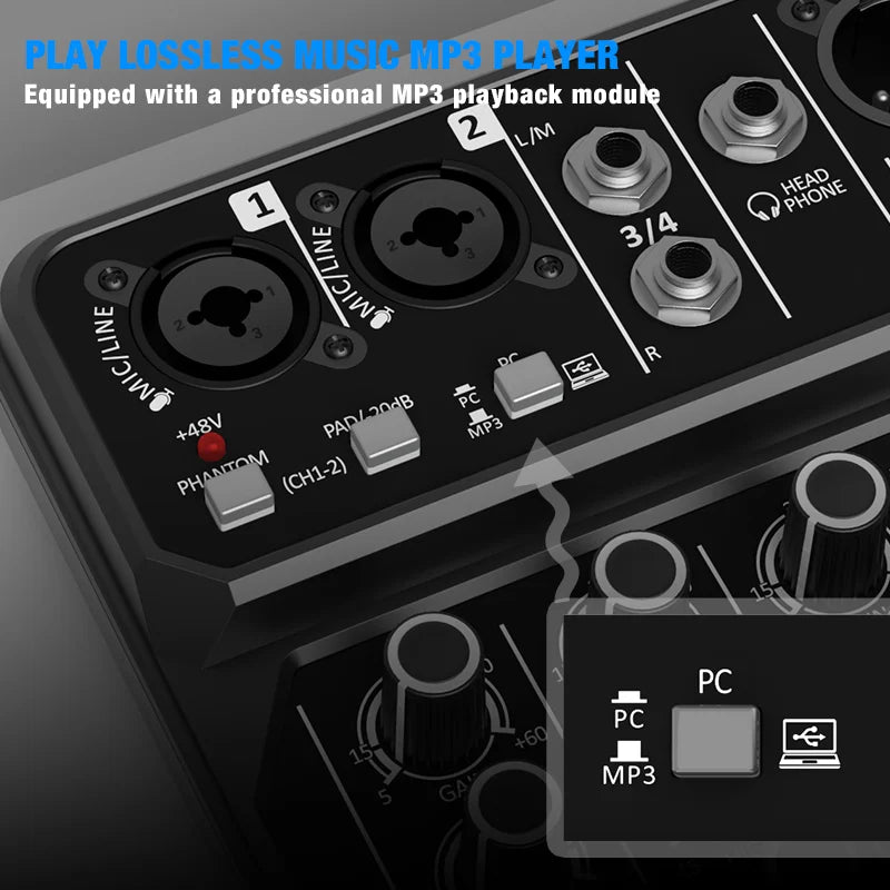 Mikser audio 4-kanałowy bluetooth z zasilaniem phantom 48v do komputera i karaoke