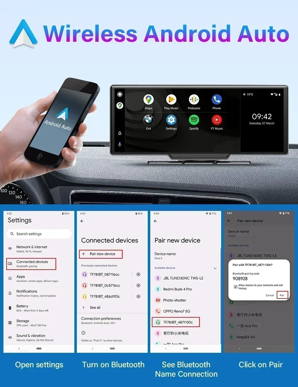 Kamera samochodowa srnubi 10.26" 4k z apple carplay, android auto i gps