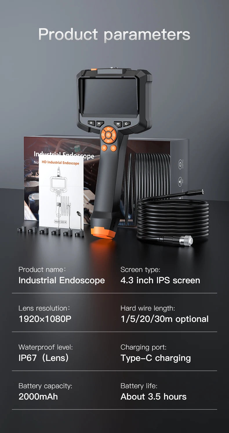 Endoskop przemysłowy z podwójnym obiektywem hd 1080p 4.3" | wodoodporny boroskop samochodowy i kanalizacyjny z led