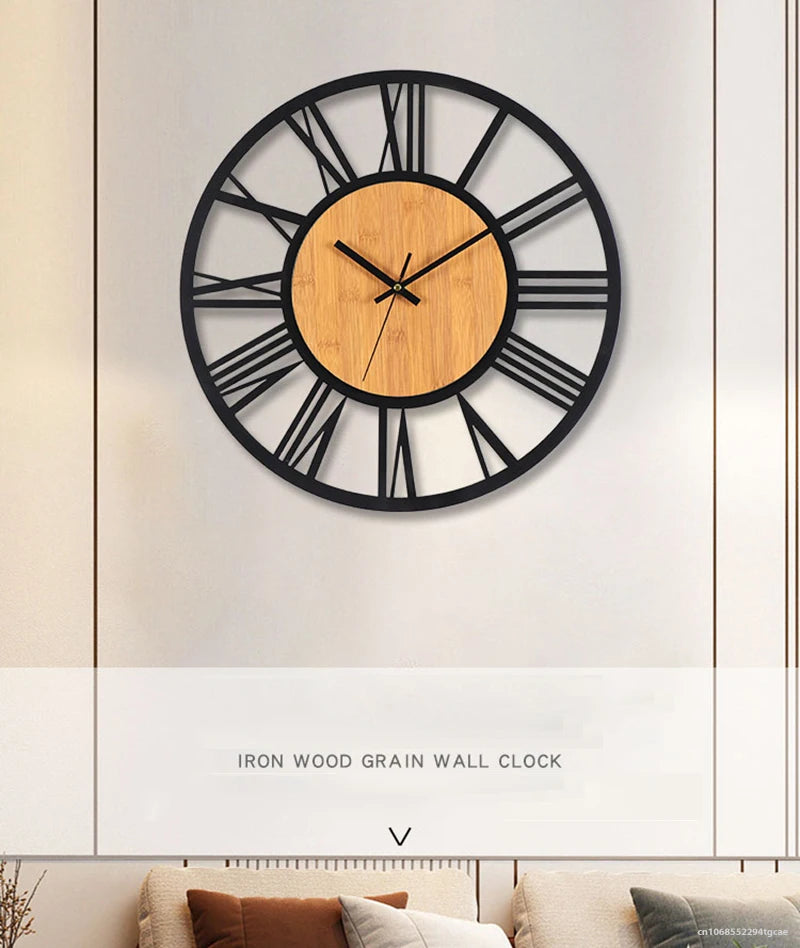 Nordic Retro 3D Large Wall Clock - Silent Roman Numerals Wood Metal Iron Decor
